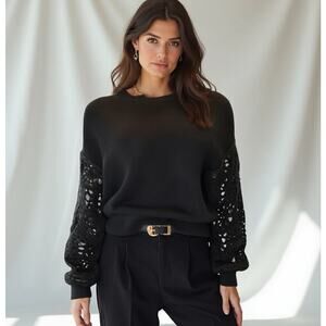 Cotton by Autumn Cashmere Black Sweater, Crochet Knit Sleeve, Fall Winter Top, S